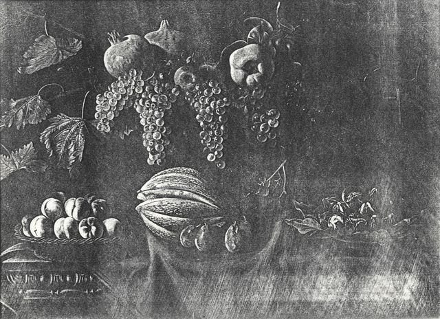 Anonimo — Bonzi Pietro Paolo - sec. XVII - Natura morta con melone, prugne, cesto di pesche, uva, melagrane e piatto di fichi — insieme